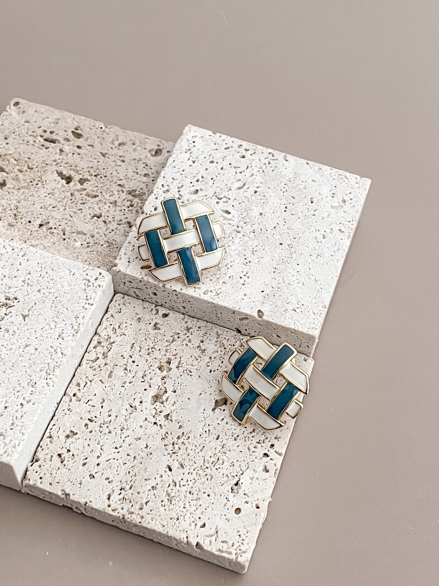 Blue & White Enamel Glazed Woven Stud Earrings