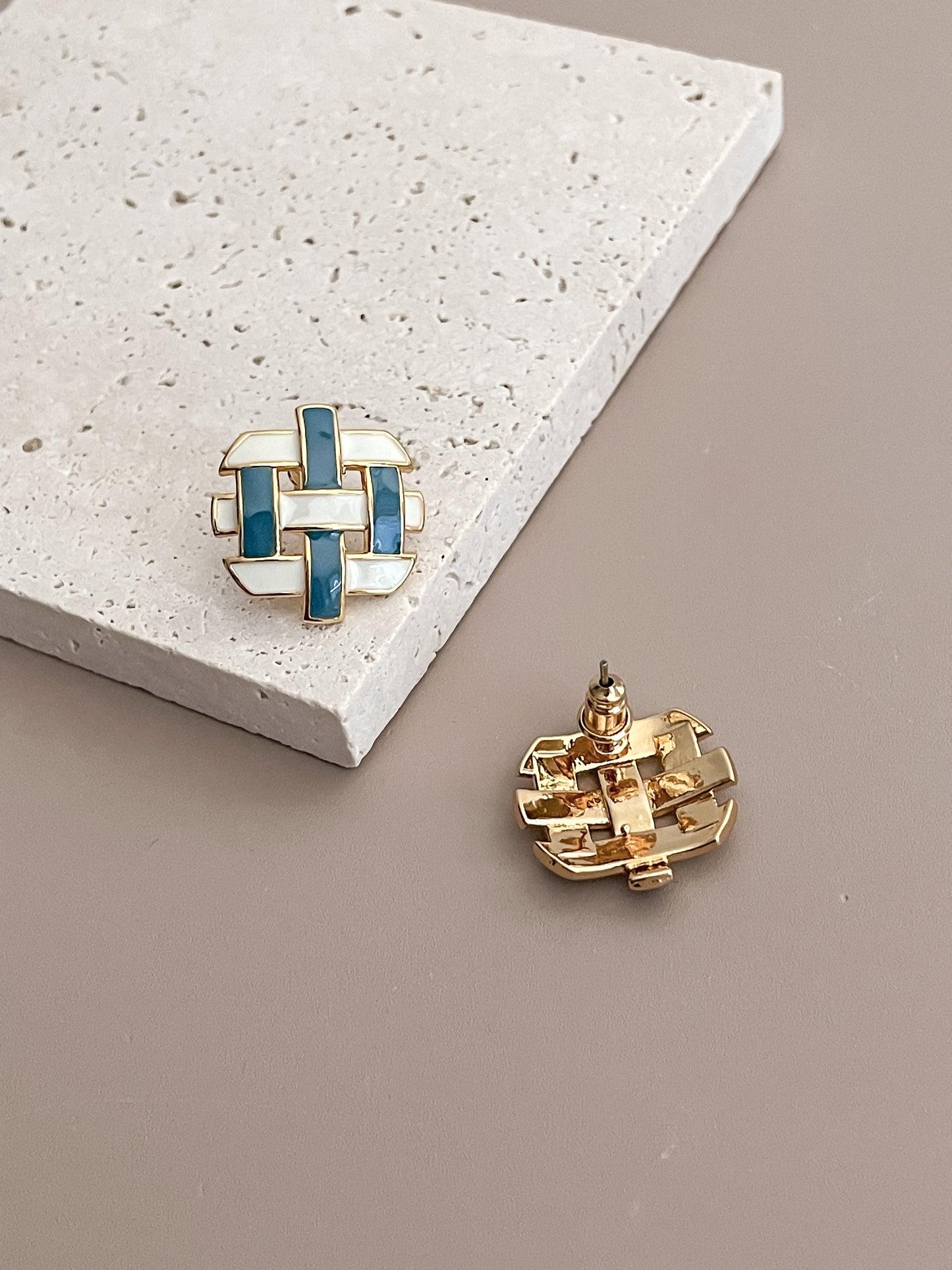 Blue & White Enamel Glazed Woven Stud Earrings