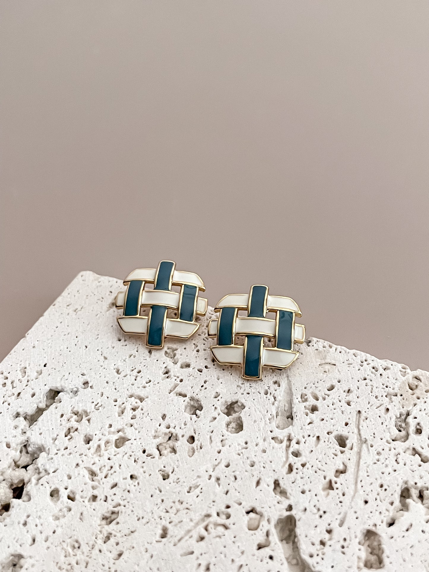 Blue & White Enamel Glazed Woven Stud Earrings
