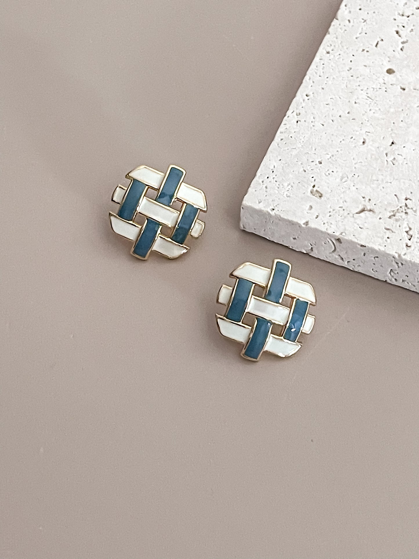 Blue & White Enamel Glazed Woven Stud Earrings