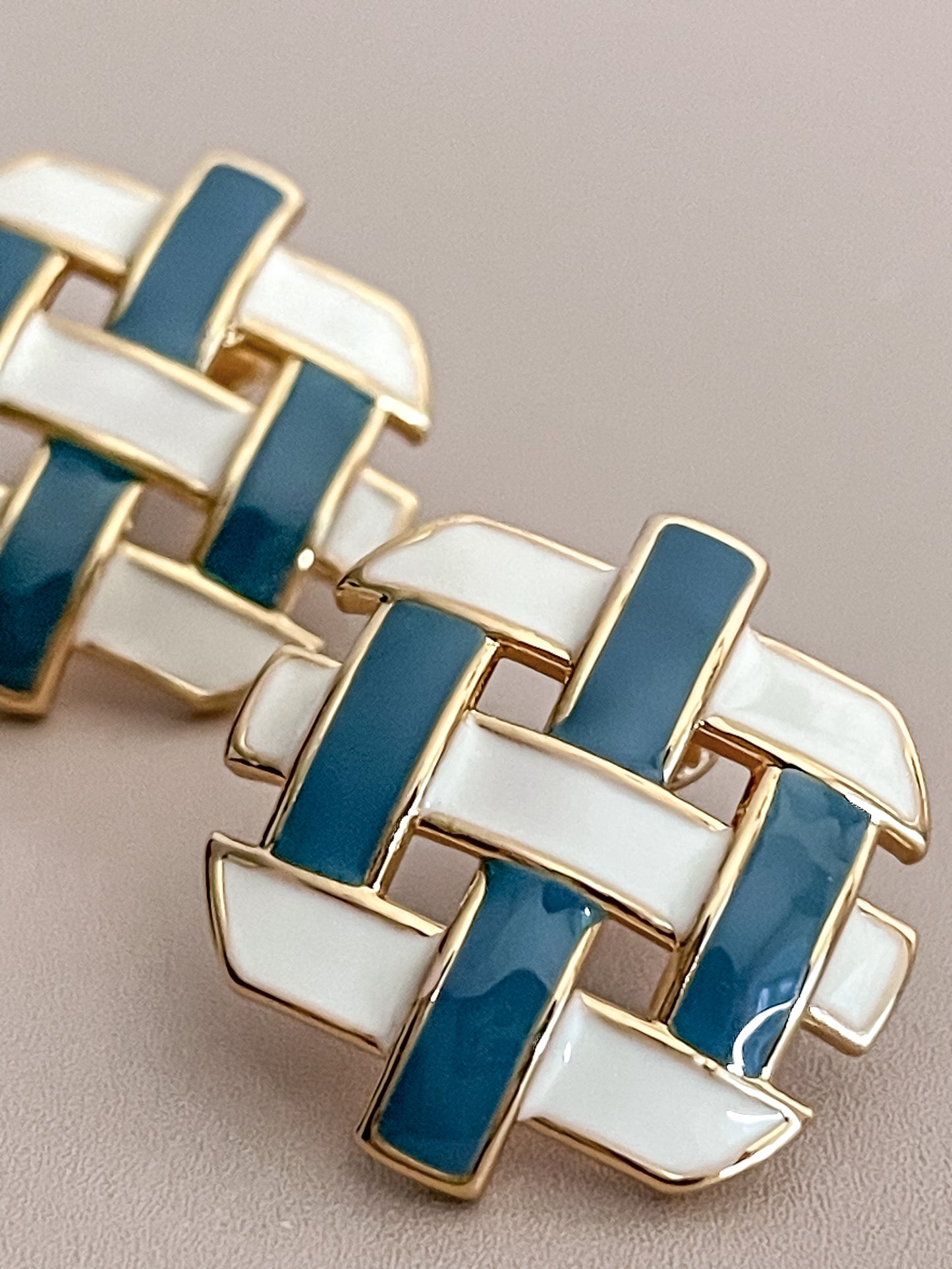 Blue & White Enamel Glazed Woven Stud Earrings