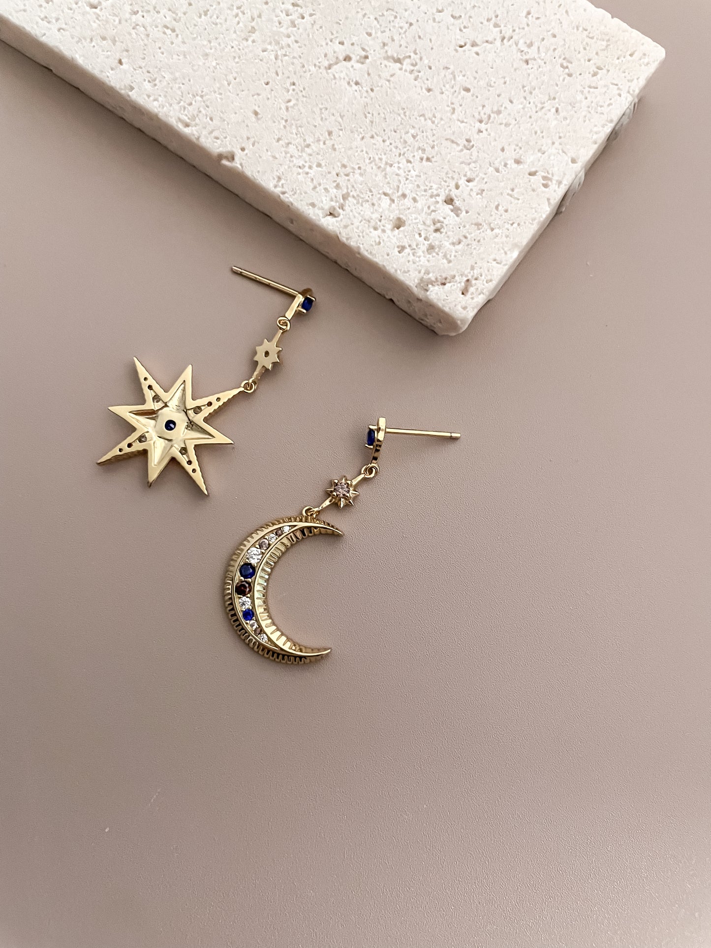 Zirconia Star and Moon Earrings