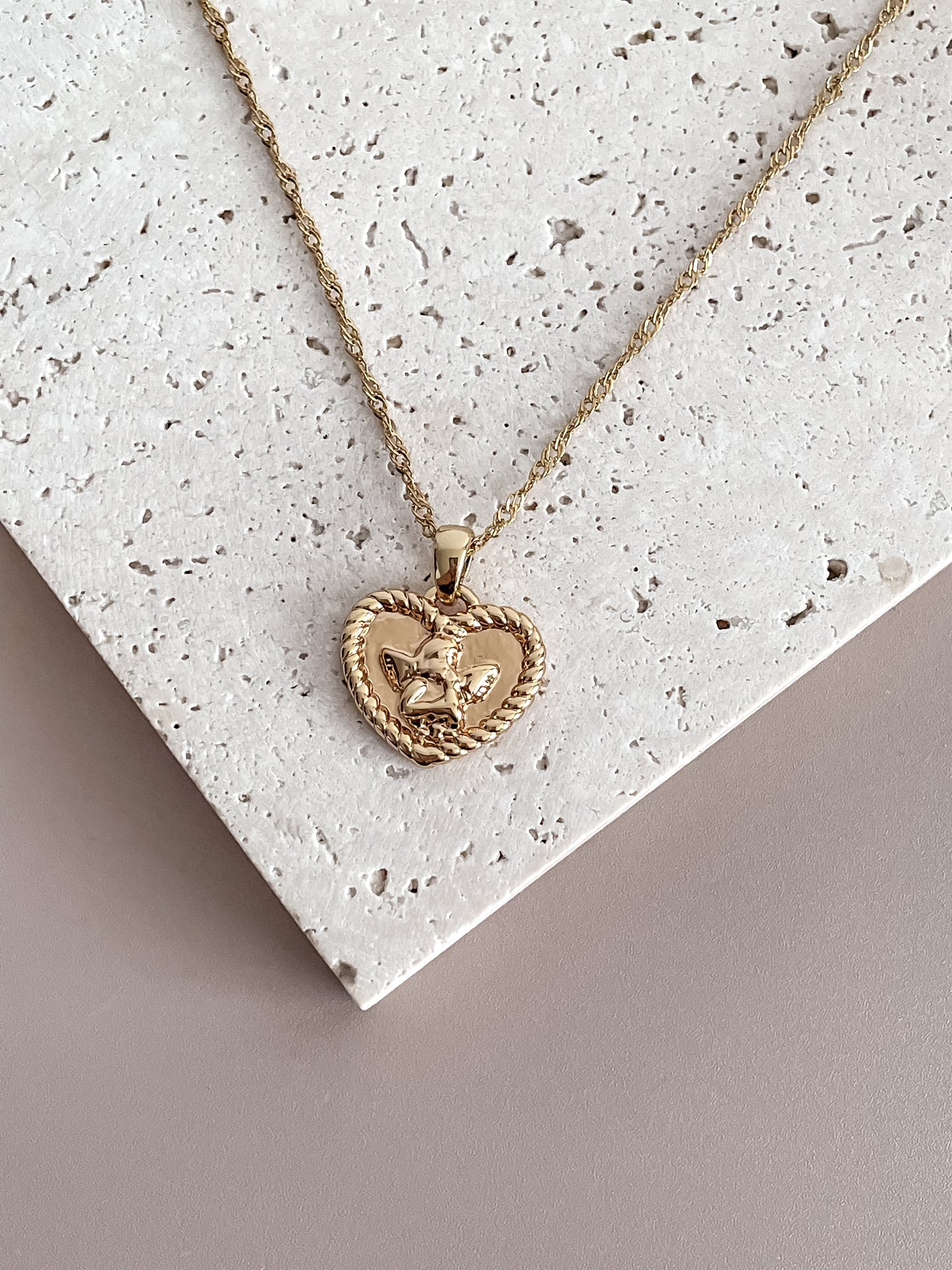 Gold Heart Necklace w/Angel Motif