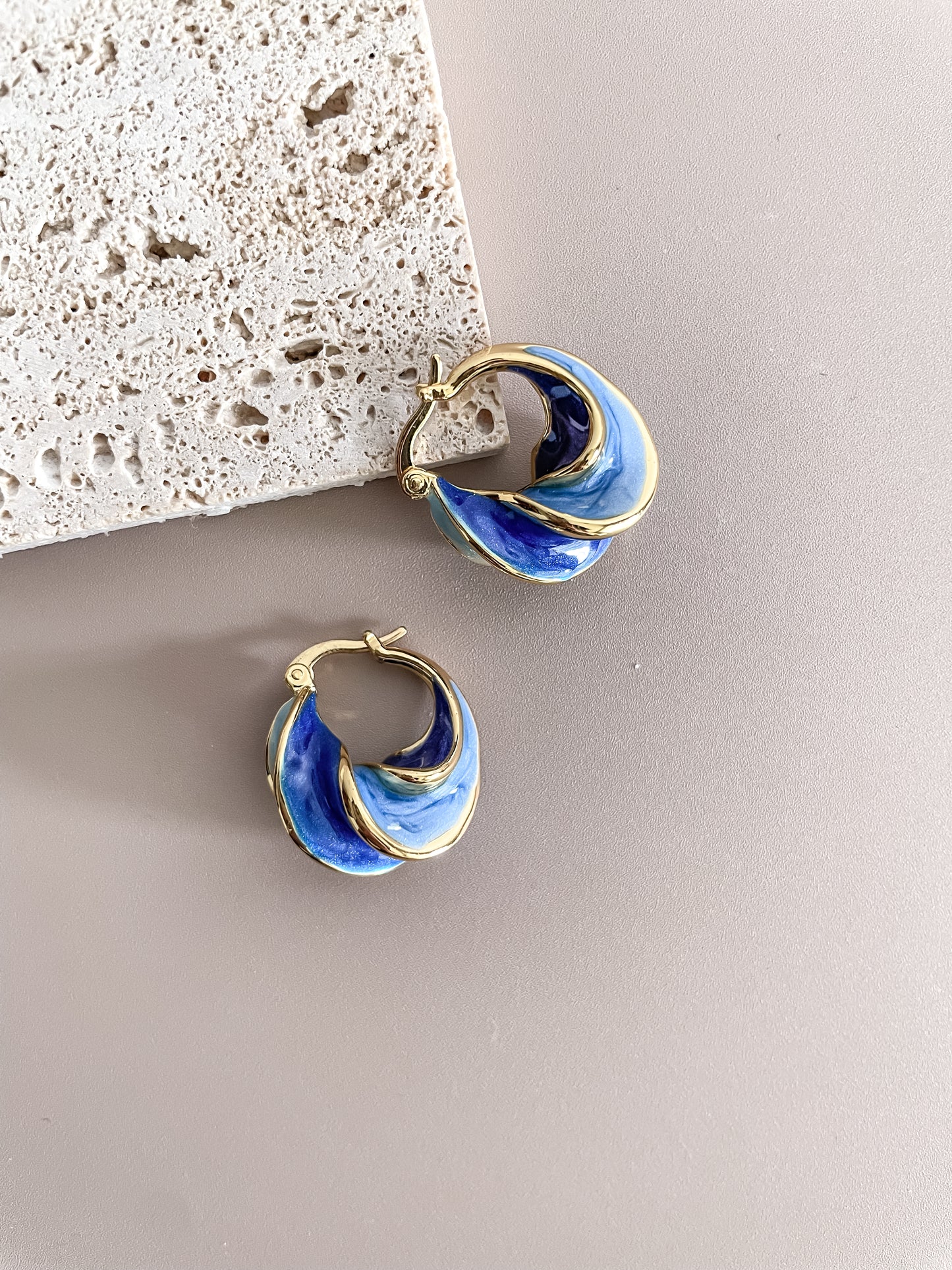 Blue Enamel and Gold Spiral Ear Hoops