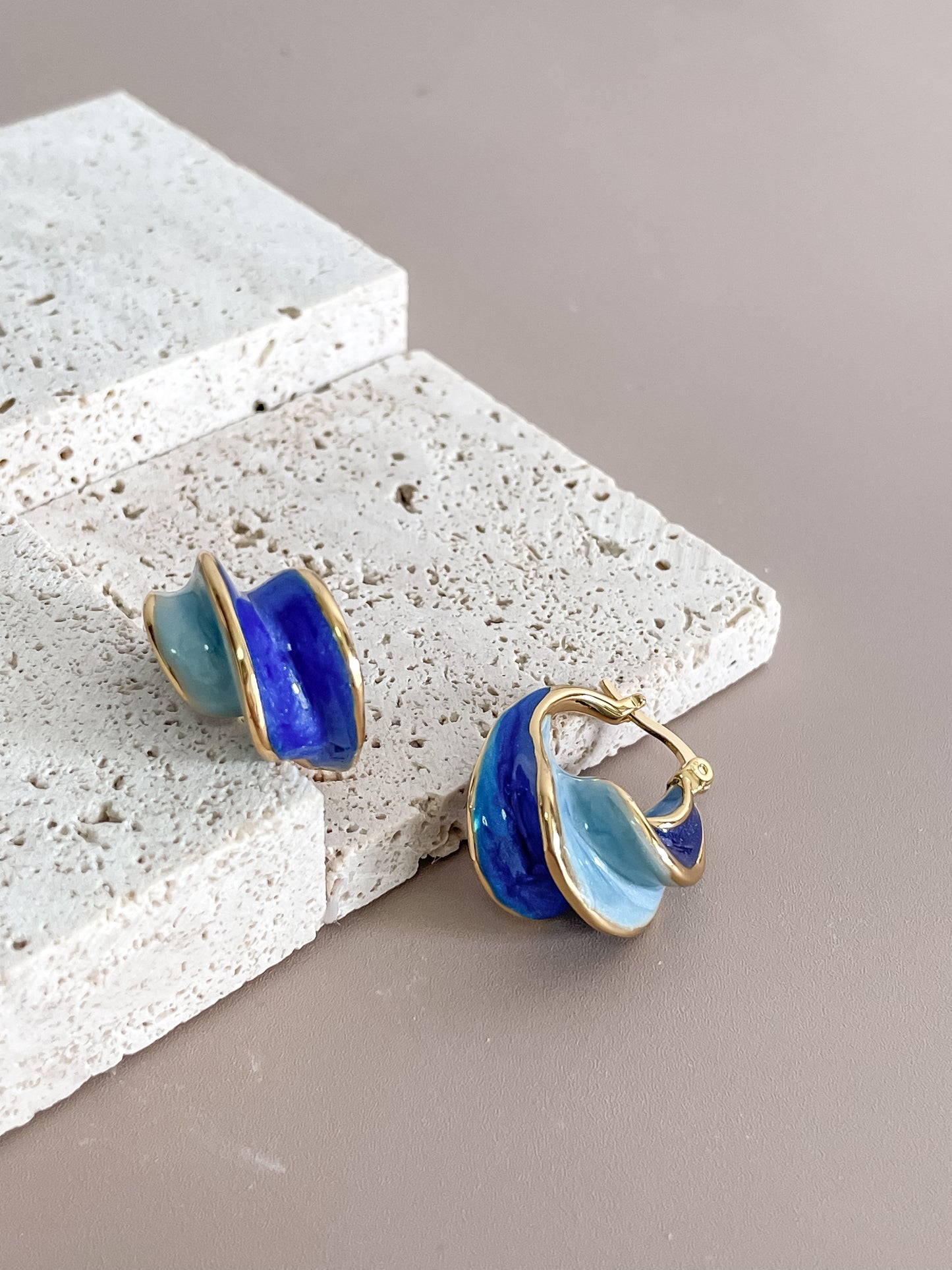 Blue Enamel and Gold Spiral Ear Hoops