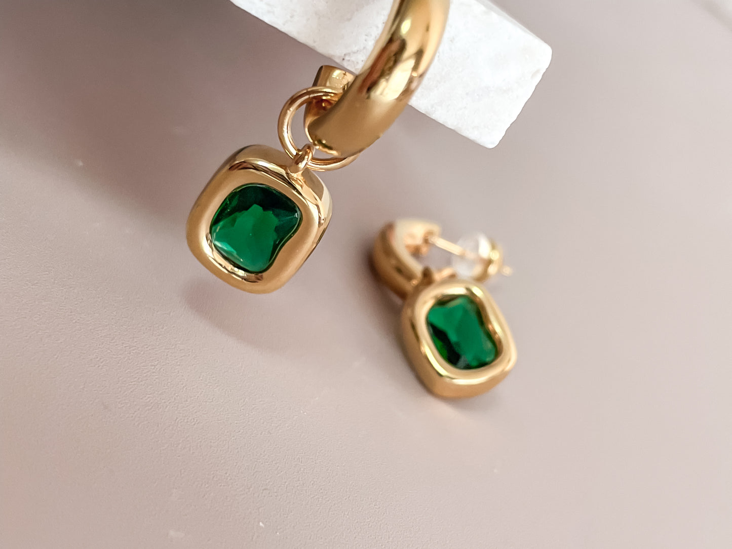 Square Emerald Pendant C-Shape Earrings