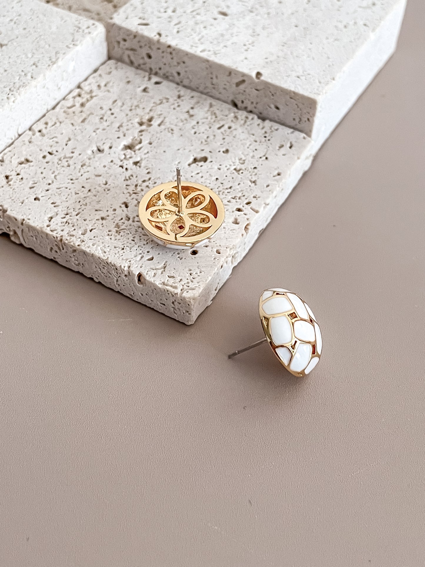 White Enamel Dome Stud Earrings