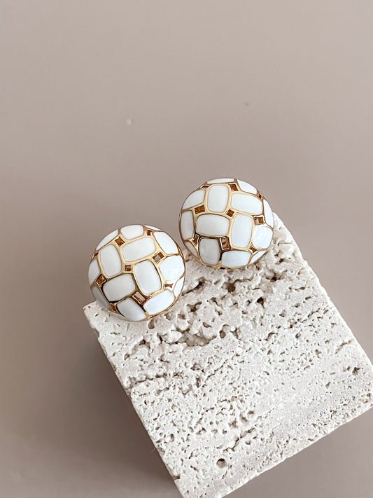 White Enamel Dome Stud Earrings