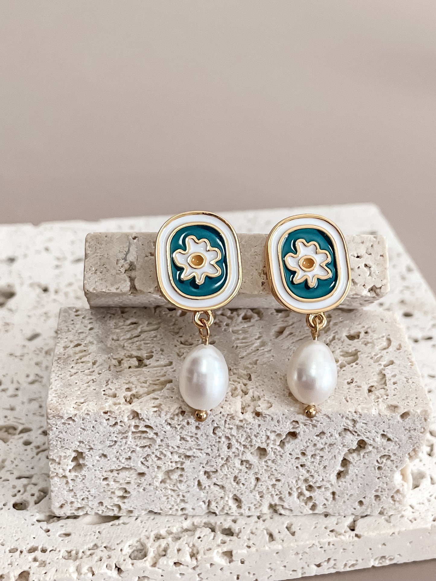 Turquoise Enamel Palm Tree Earrings w/Pearl