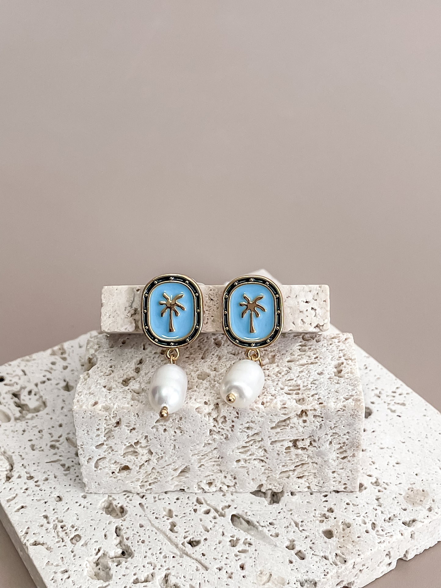 Turquoise Enamel Palm Tree Earrings w/Pearl