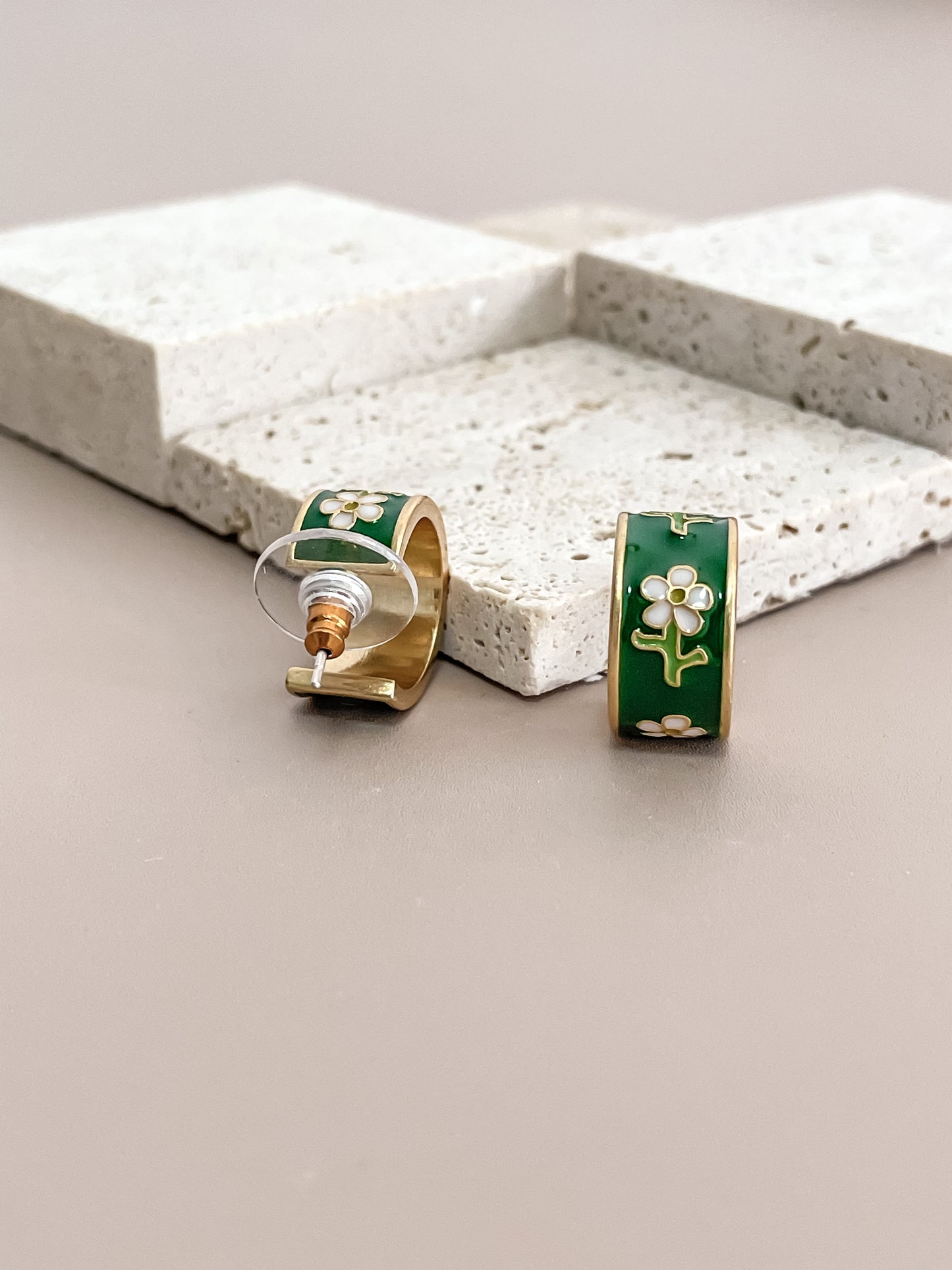 Green Enamel Daisy Huggy C-Shaped Stud Earrings