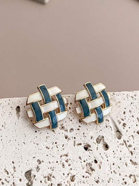 Blue & White Enamel Glazed Woven Stud Earrings